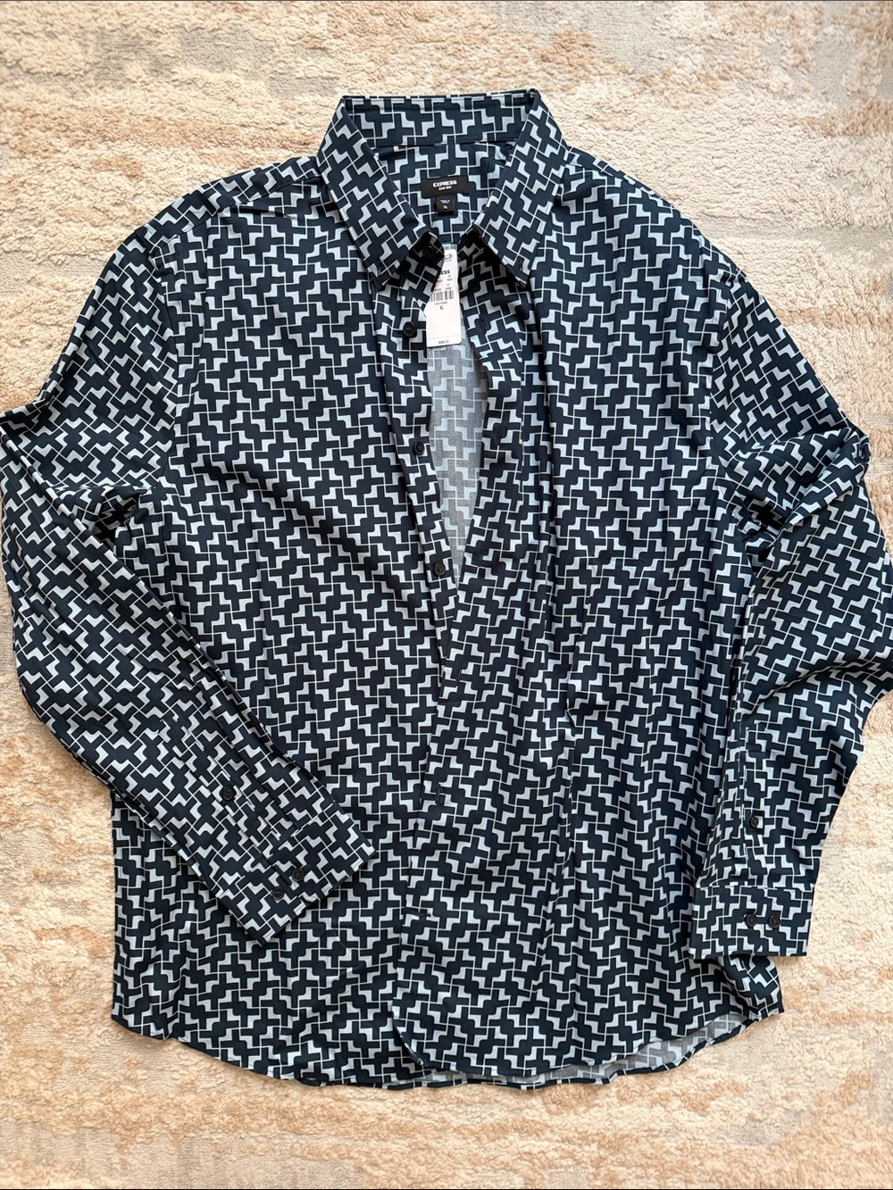 Express Men’s Slim 1MX Geometric Print Button-Up Shirt in Blue - Size XL
